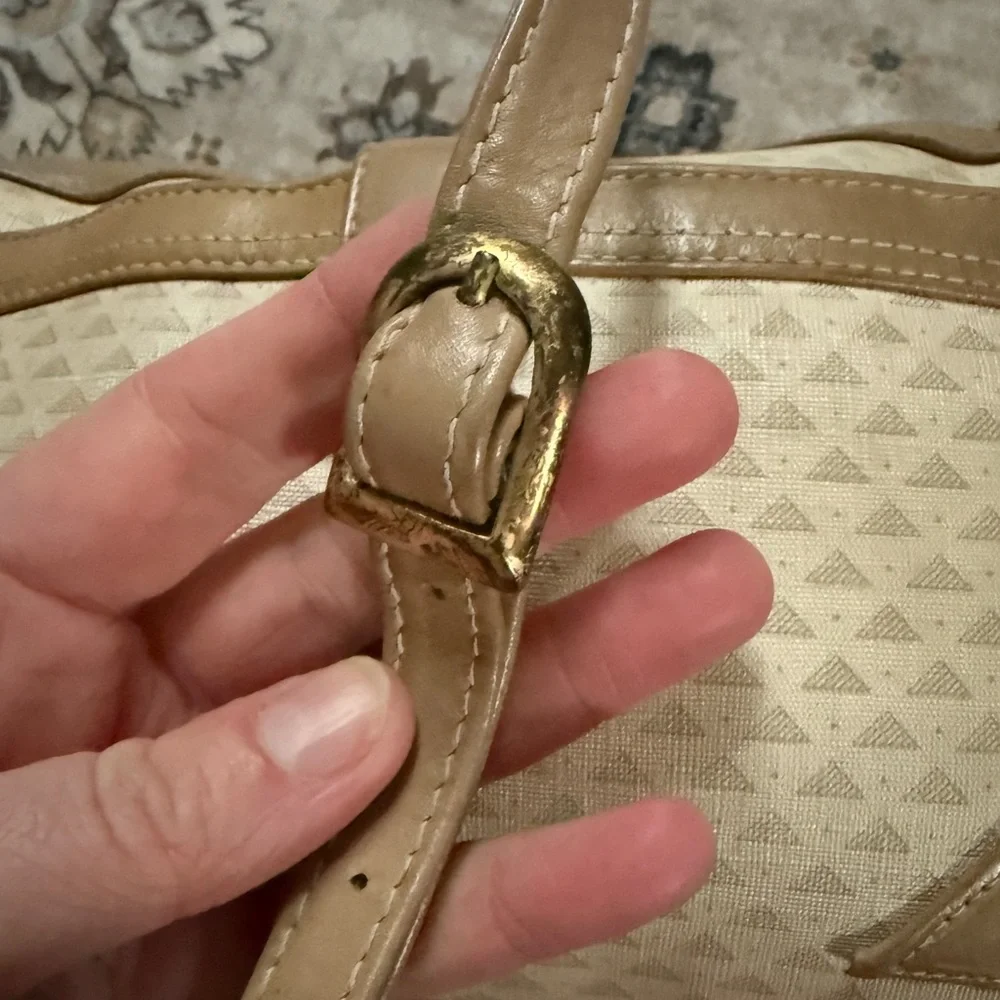 Vintage 1984 Liz Claiborne Crossbody Bag - Tan Triangle Print - Leather Trim